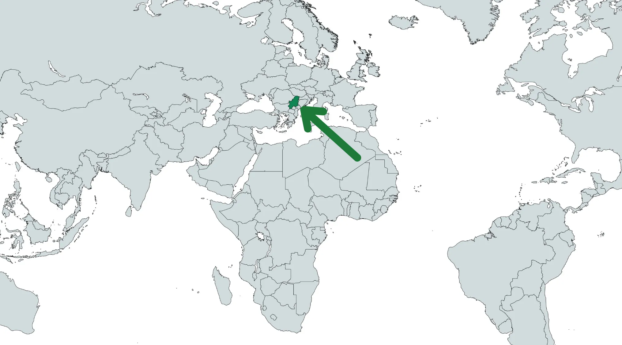 Rotated world map highlighting a country in green with an arrow pointing, geography challenge guess the country quiz.