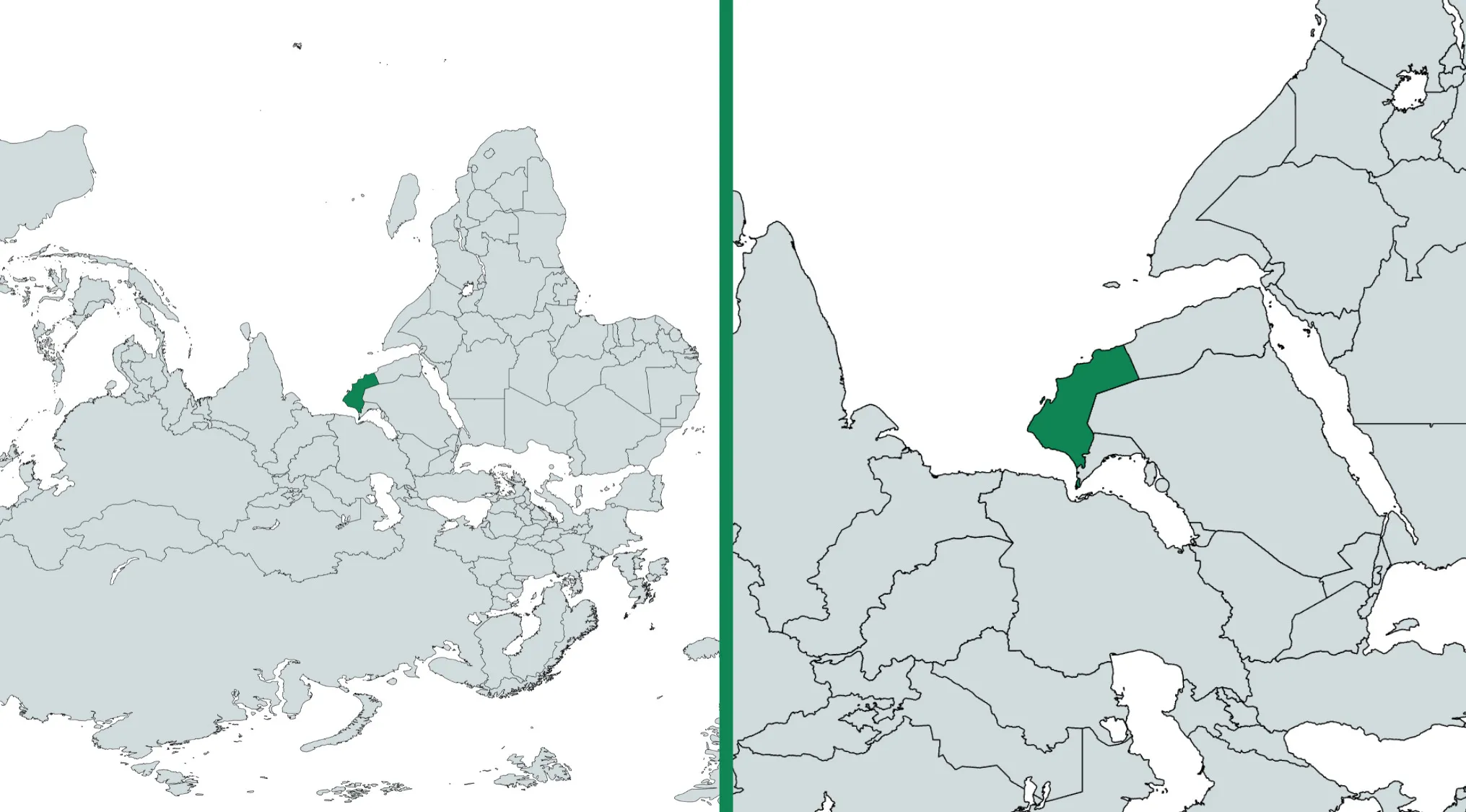 Rotated world map highlighting a country in green for a geography challenge to guess the country shown.