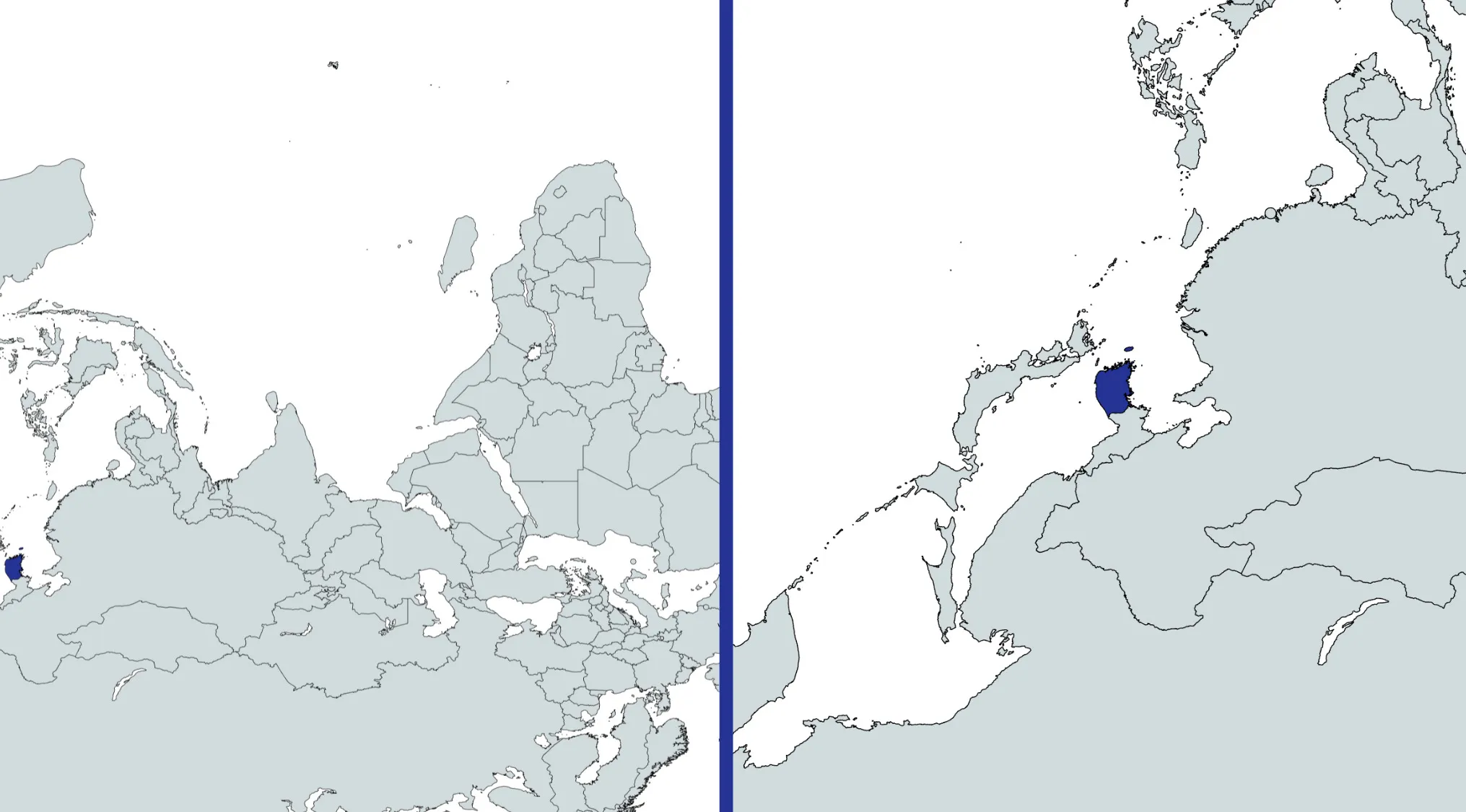 Mirrored world map highlighting a small country in dark blue for the geography challenge guess the country game.
