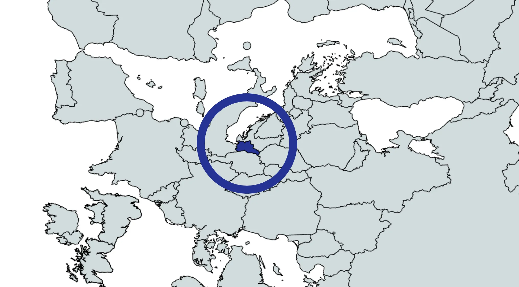 Map highlighting a European country in blue, part of a geography challenge to identify the country from a rotated world map.