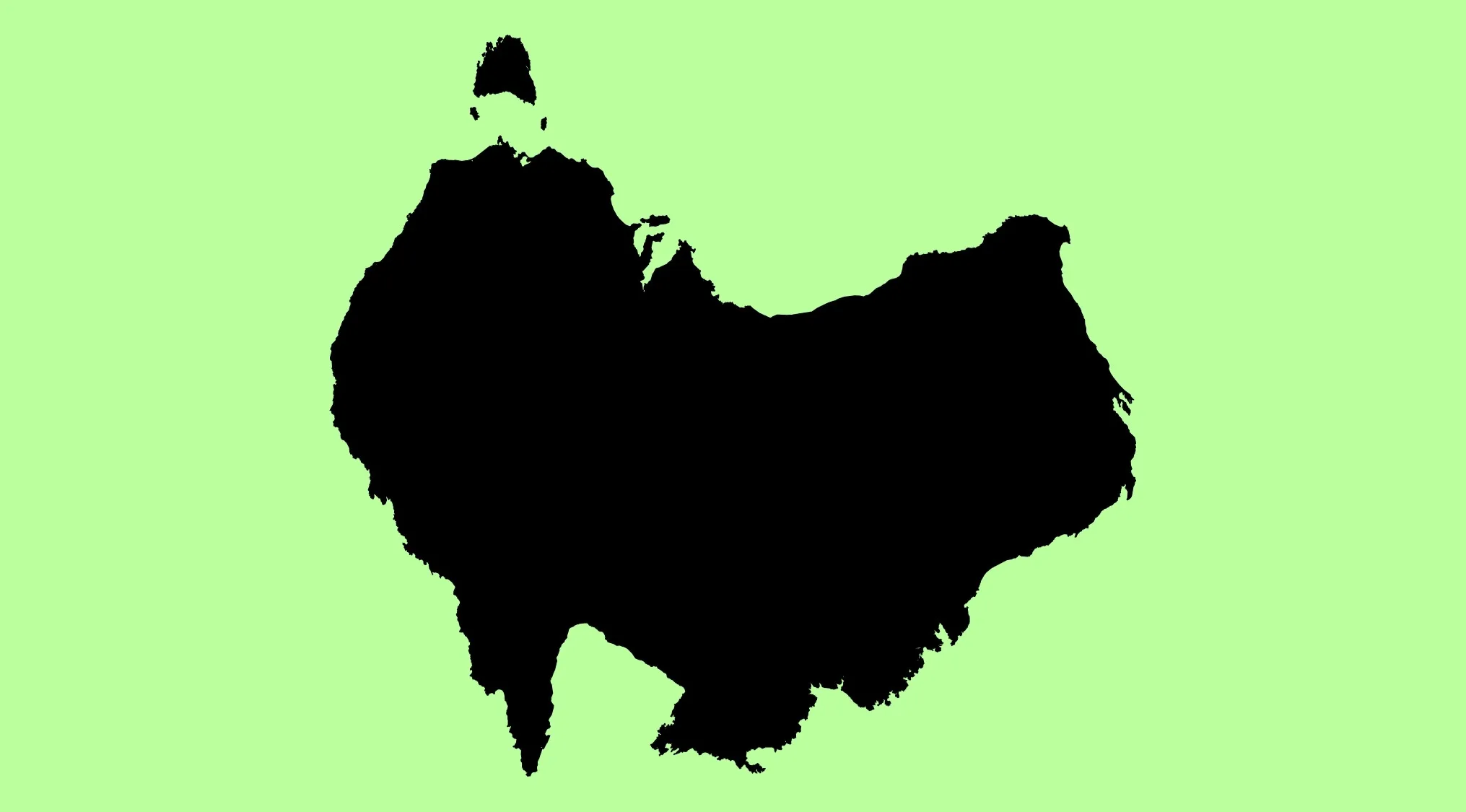 Silhouette of a country shape in black on a green background for geography challenge guessing the country from rotated map