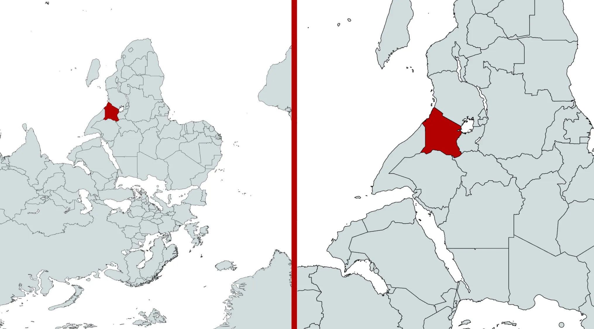 Rotated world map highlighting a country in red as part of a geography challenge to guess the country shown.