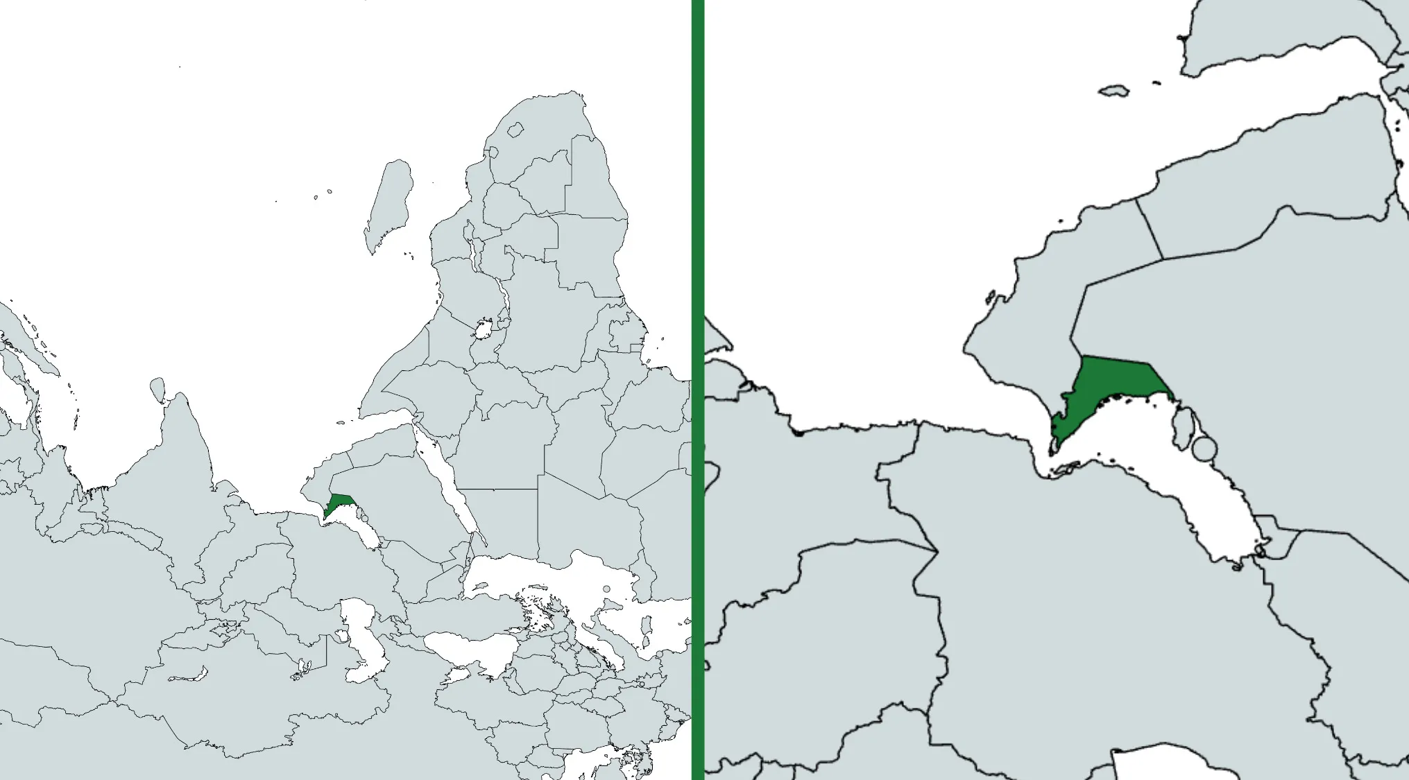 Mirrored world map highlighting a country in green as part of a geography challenge to guess the country name.