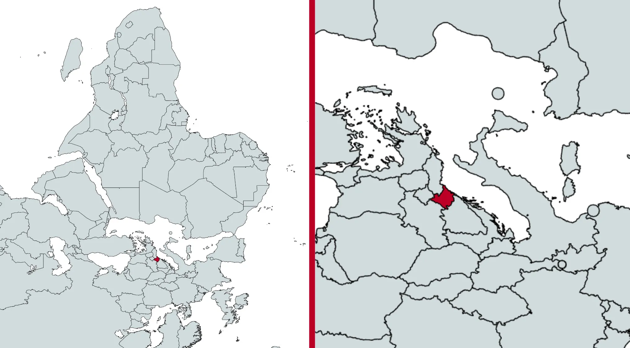 Rotated world map highlighting a country in red as part of a geography challenge to guess the country shown.