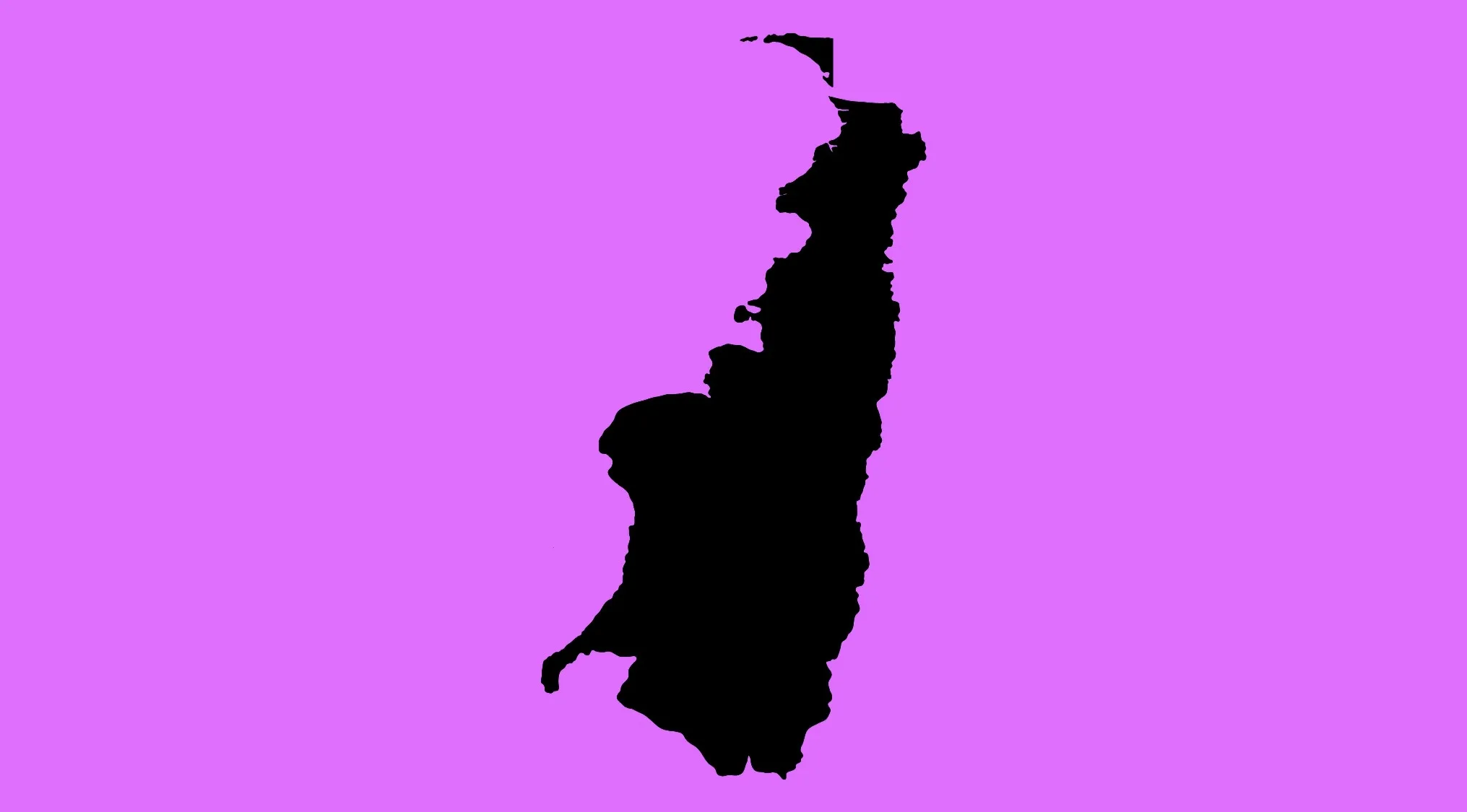 Silhouette of a country on an upside-down rotated world map for geography challenge guessing game.