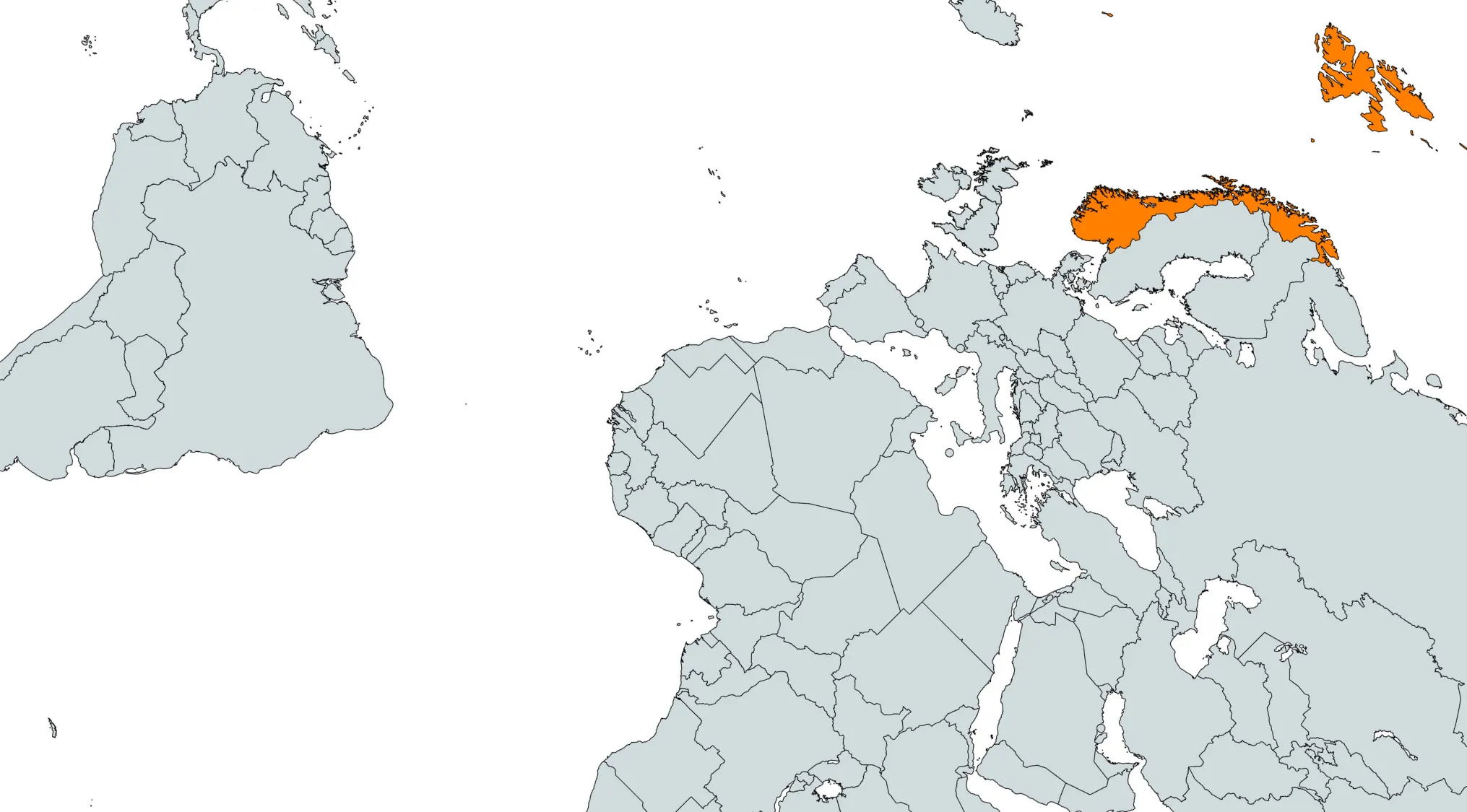Rotated world map showing a country highlighted in orange as part of a geography challenge to guess the country.