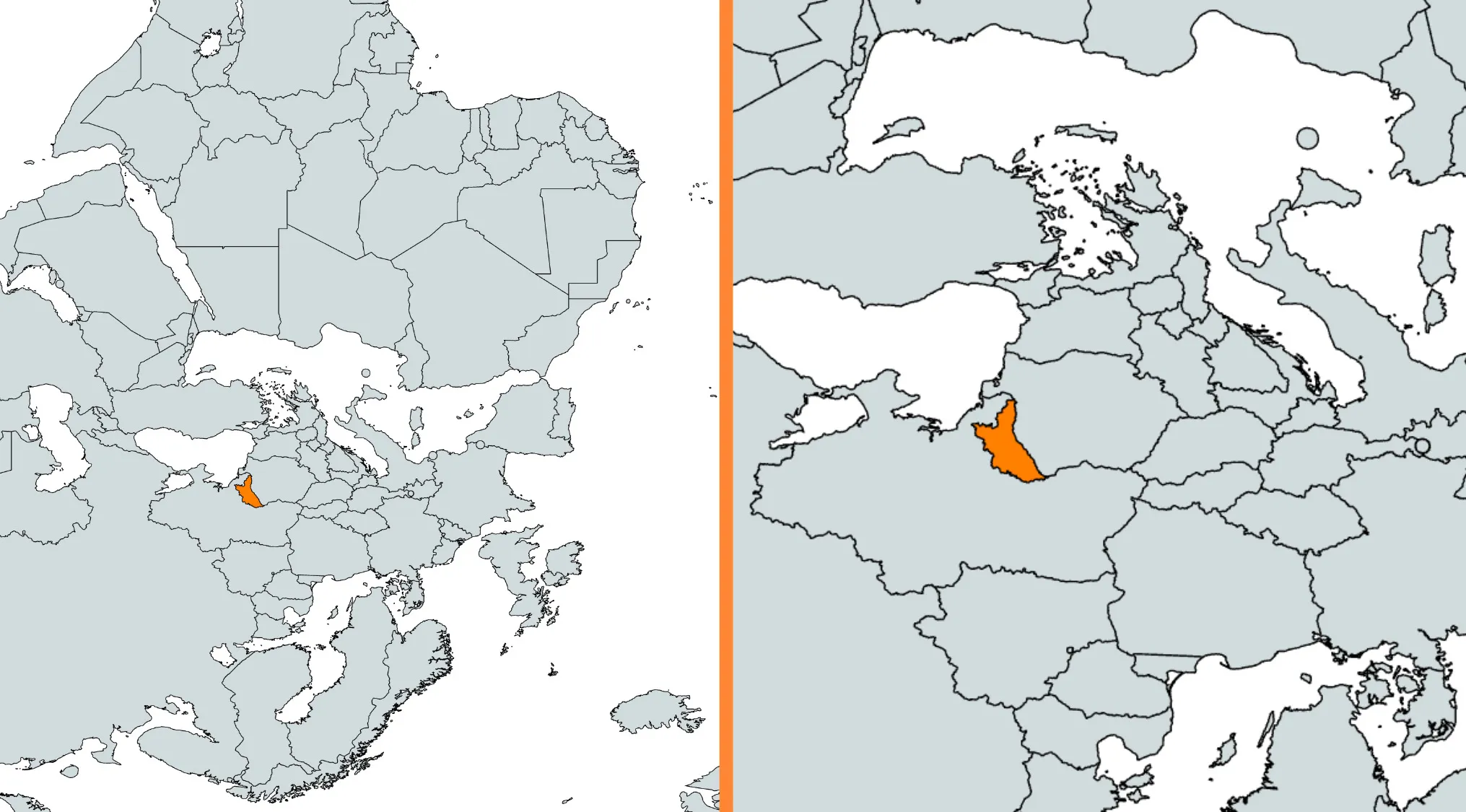 Rotated world map highlighting a single country in orange for a geography challenge guessing the country from the map.