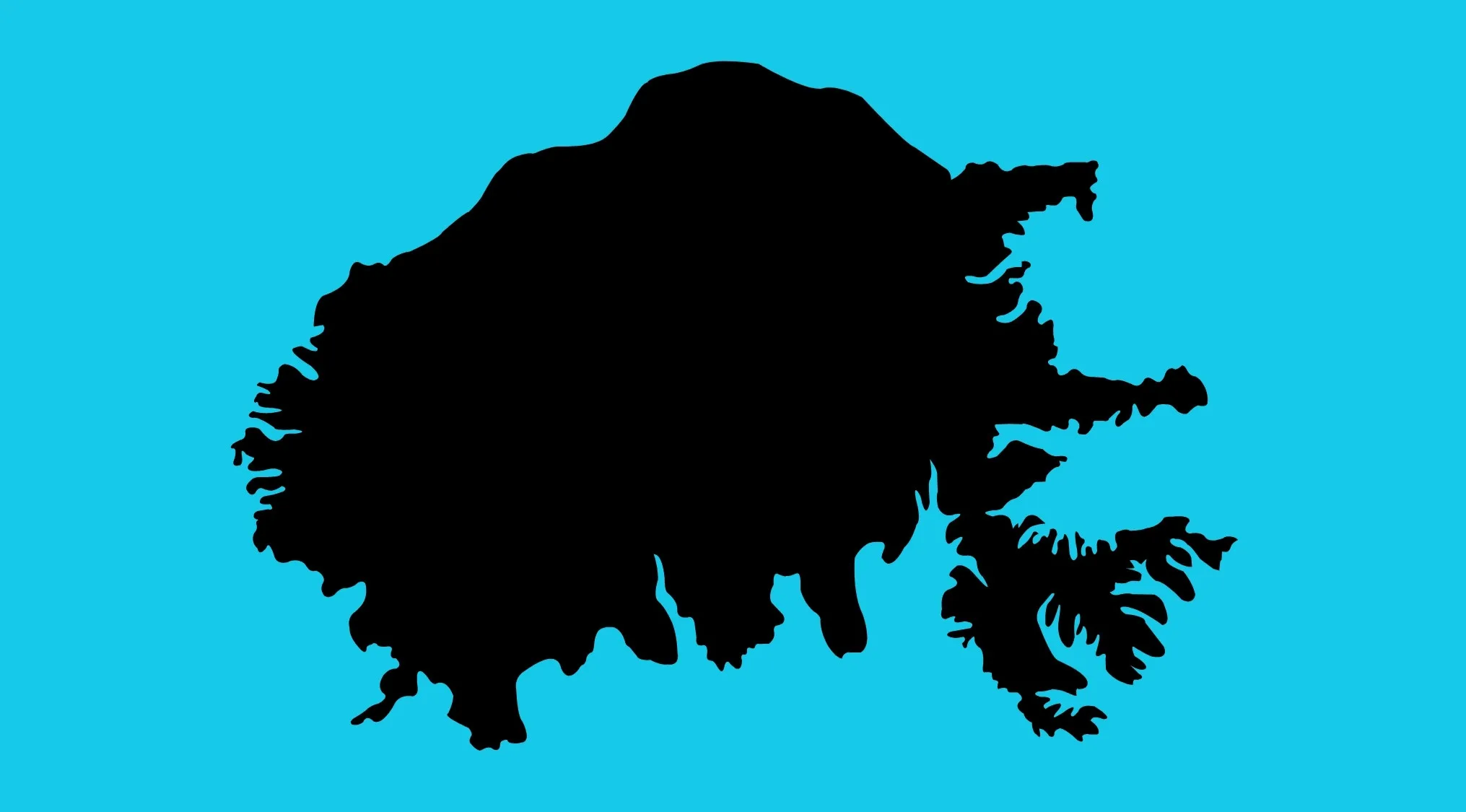 Silhouette of a country on an upside-down world map for a geography challenge guessing the country.