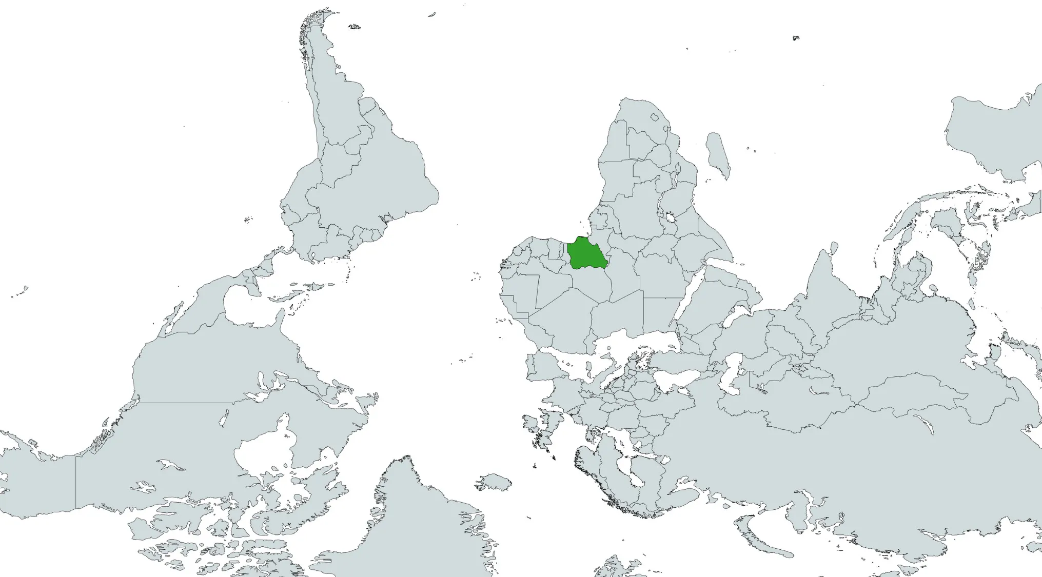 Rotated world map highlighting a country in green for the geography challenge to guess the country from the mirrored map.