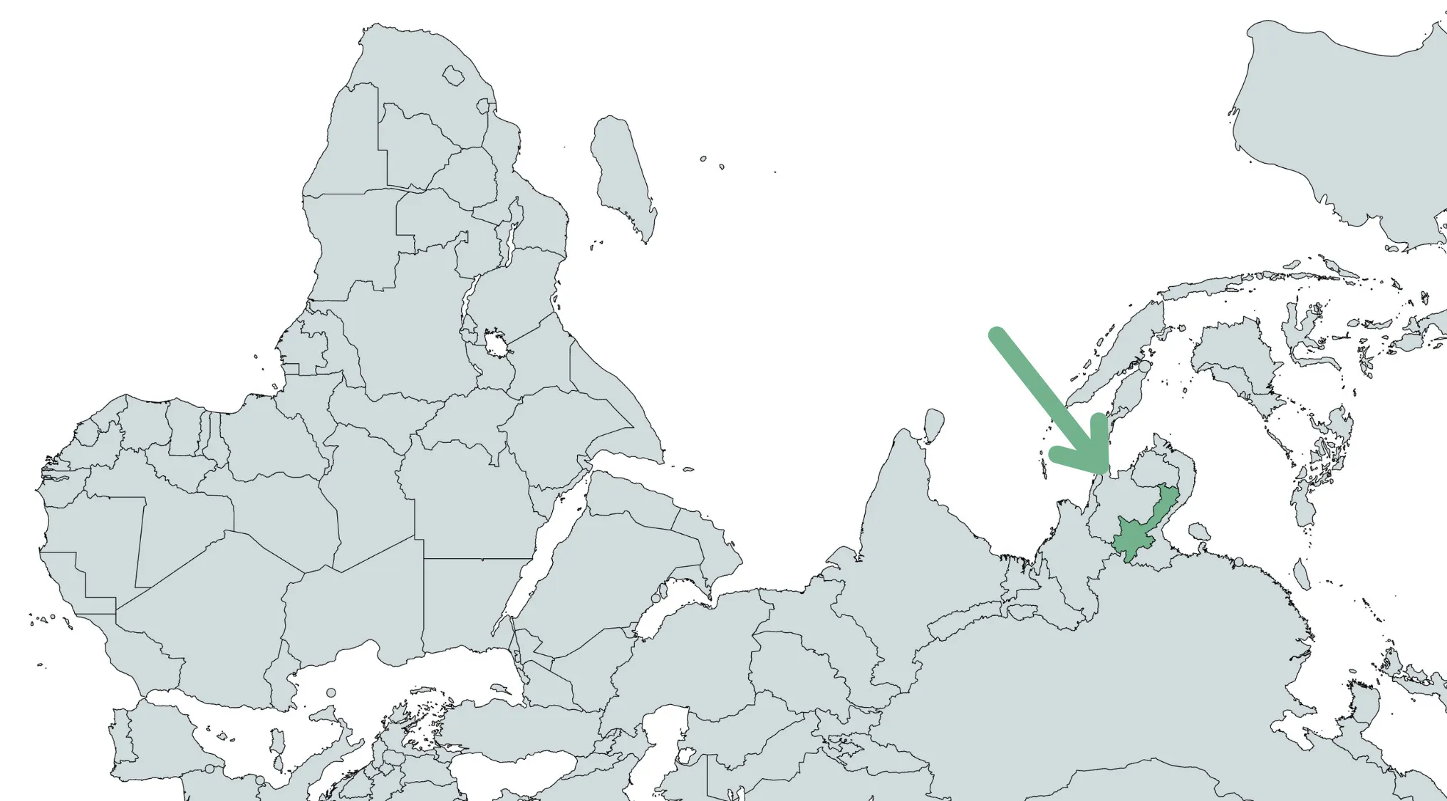 Inverted world map highlighting a country with a green arrow for geography challenge and guessing the country from rotated maps.