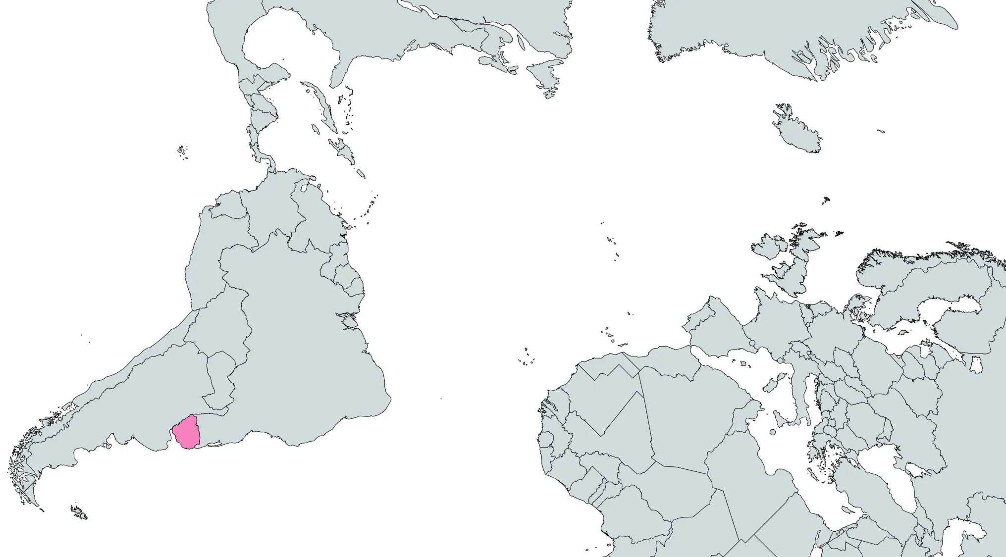 Rotated world map geography challenge highlighting a country in South America for viewers to guess the country name.
