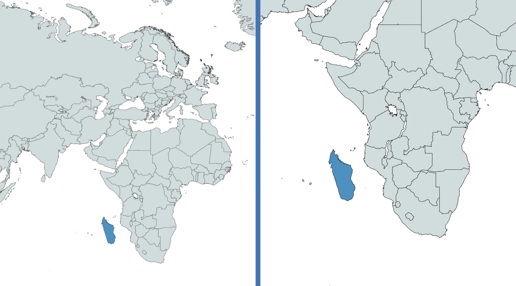 Rotated world map showing a country in Africa highlighted in blue for geography challenge guess the country.