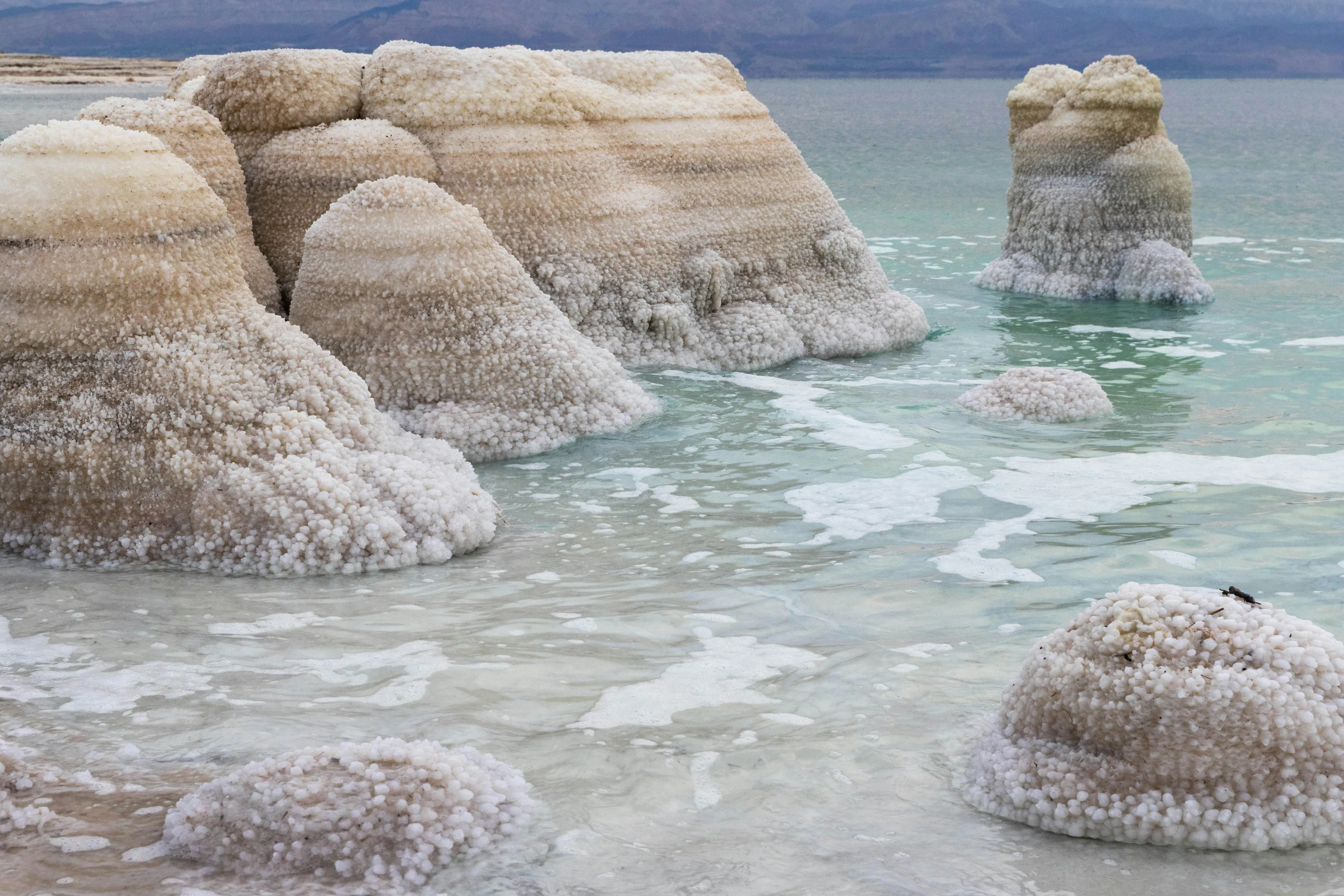 Salt formations along the shores of the Dead Sea illustrating its high salinity where humans float easily on the surface.