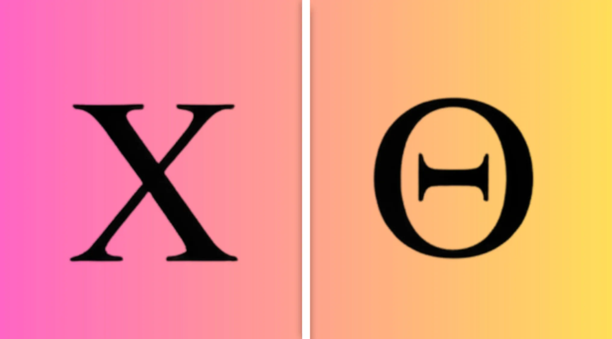 Greek alphabet symbols chi and theta shown side by side on a gradient background for alphabet combo quiz.