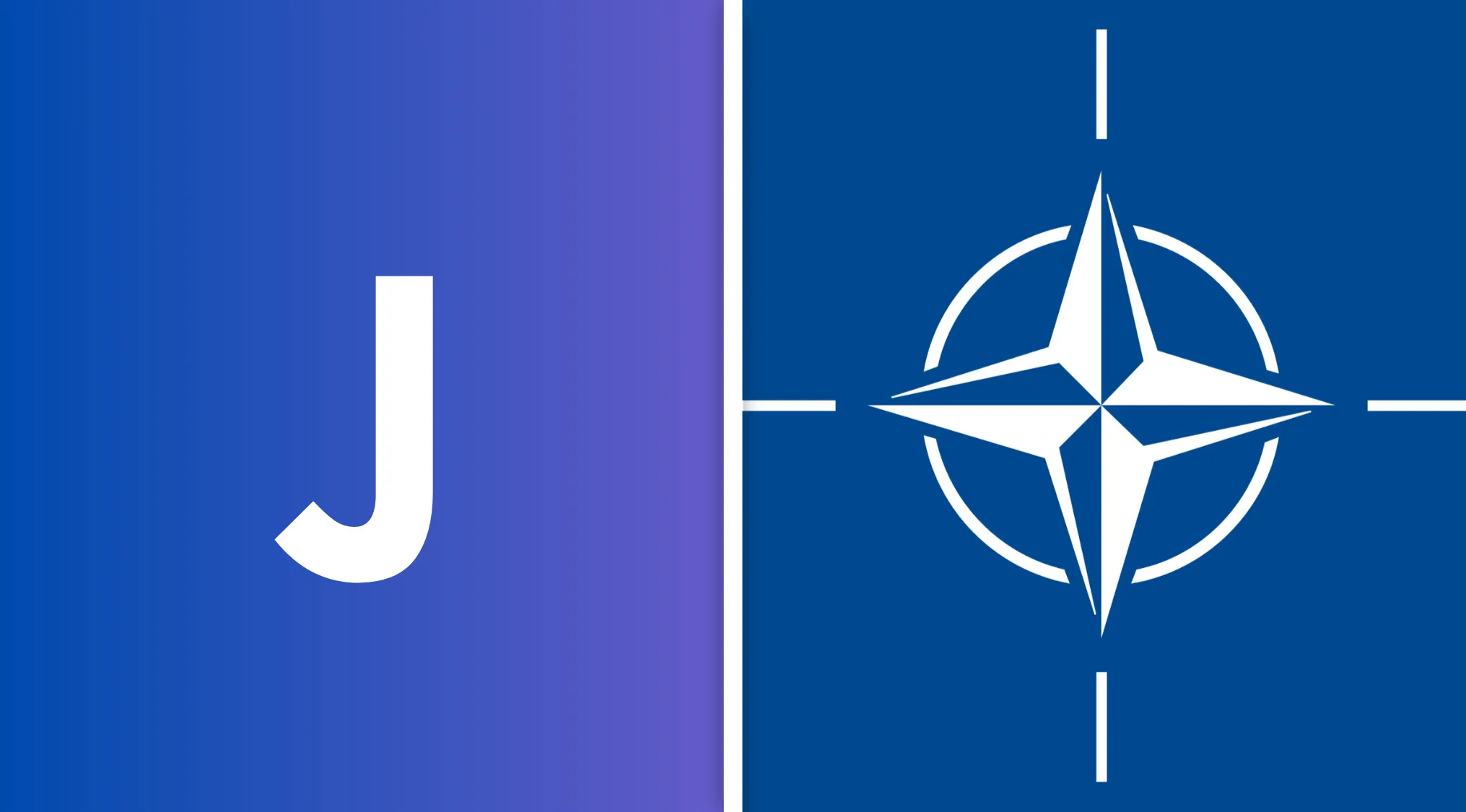 Letter J in NATO phonetic alphabet displayed alongside NATO emblem on blue gradient background for alphabet quiz.