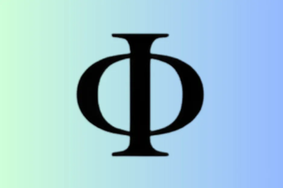 Black Greek letter Phi symbol centered on a soft gradient background, distinct from the Greek letter Omega.