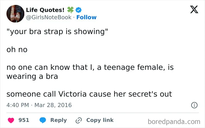 Tweet highlighting a feminist post calling out patriarchy with humor about teenage female identity and clothing.