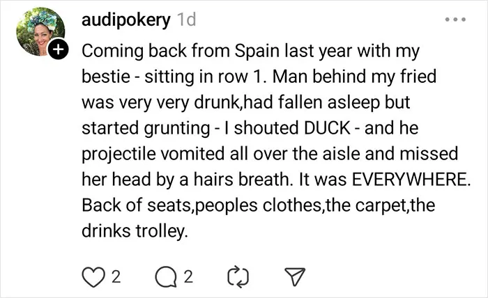Passenger vomiting violently in airplane aisle, one of the most unhinged things flight attendants saw during a flight.