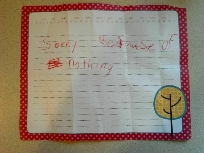 Le pedí a mi hija que escribiera una nota de disculpa