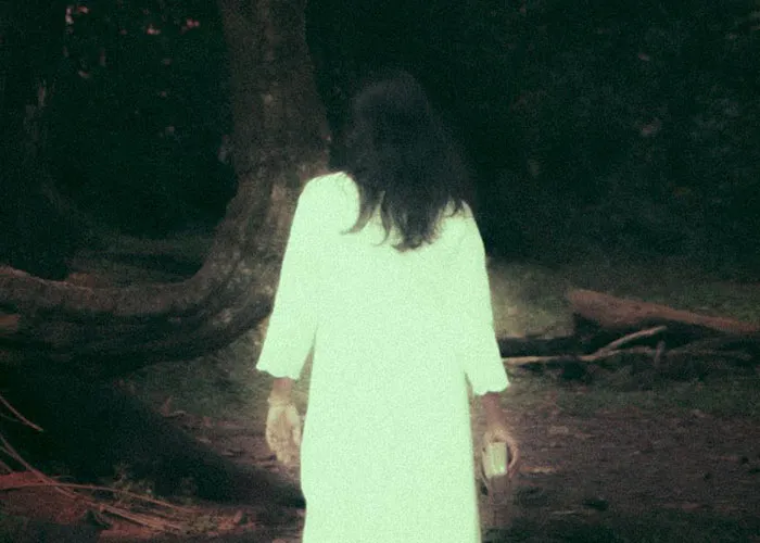 Woman in white dress walking in a dark forest, evoking a mysterious and wacky story atmosphere.