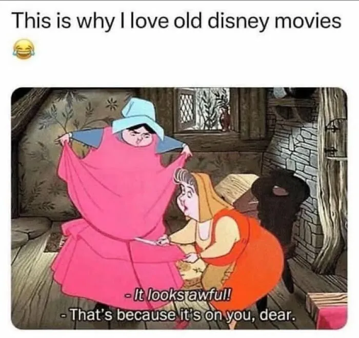 Scene from an old Disney movie meme with two women, featuring relatable memes that hit way too close to home.