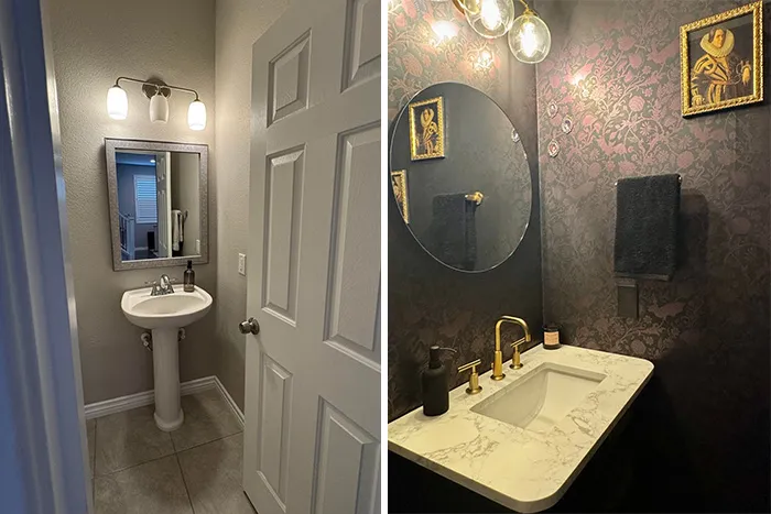 Side-by-side images of two decorated home bathrooms showing contrasting styles and decor details.
