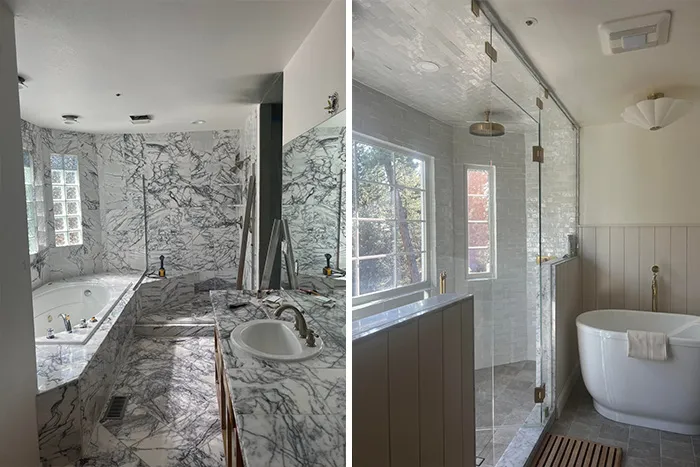 Two beautifully decorated bathrooms showcasing elegant marble and modern glass designs in home decor.