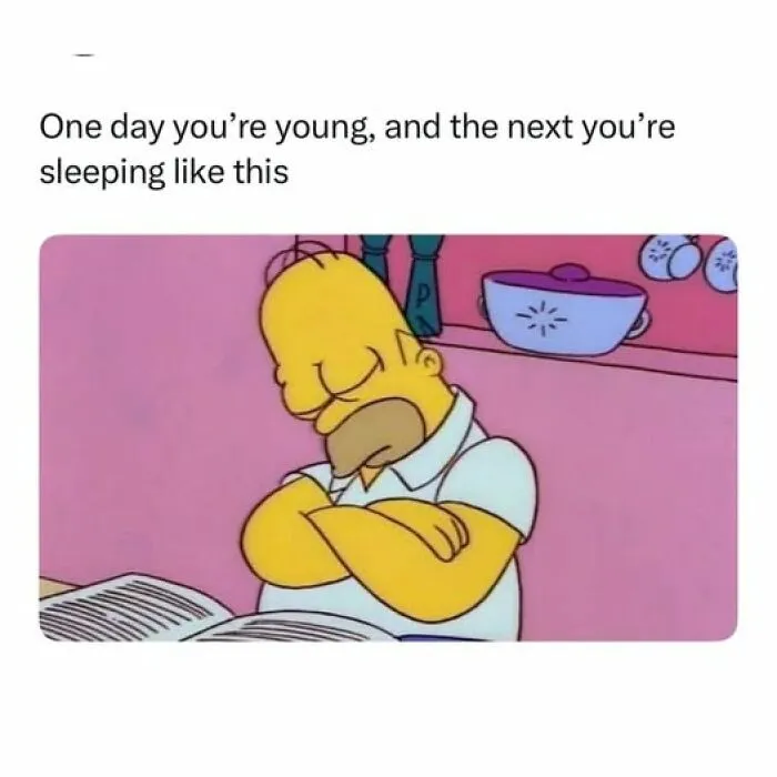Homer Simpson sleeping with arms crossed, illustrating relatable memes about how sleep changes as you age.