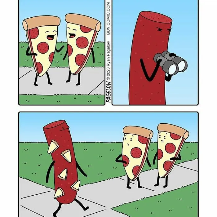 Hot Dog comics panel: two walking pizza slices and a spying hot dog character with binoculars, comic strip style