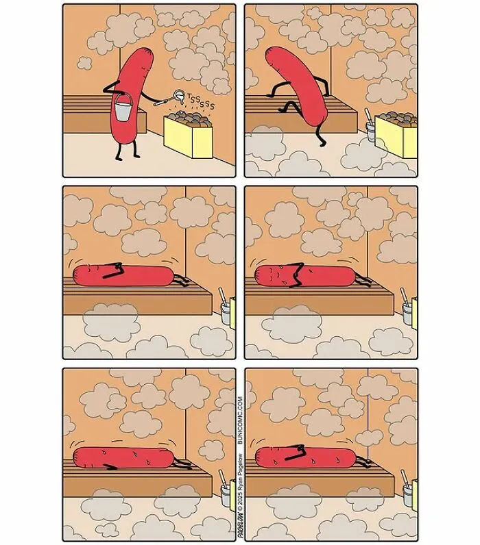 Hot Dog comics panel shows an anthropomorphic hot dog in a steamy sauna relaxing and sweating on a bench.