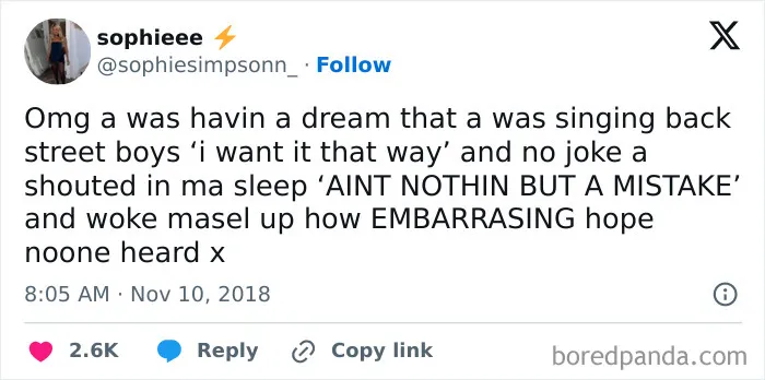 Twitter post of a person sharing one of the funniest things they've heard someone say in their sleep about singing Backstreet Boys.