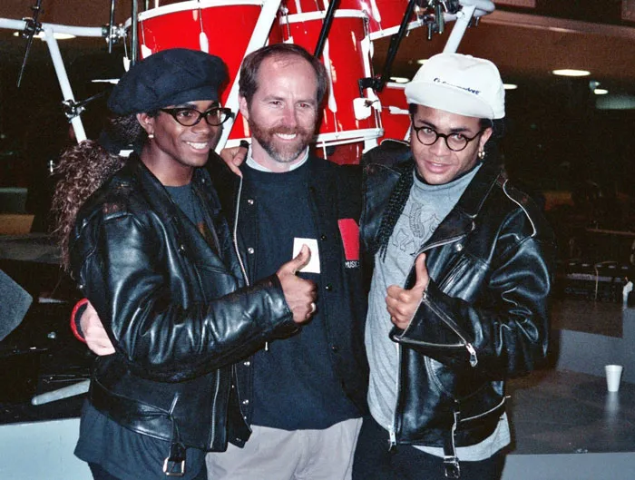 Three celebrities wearing leather jackets and glasses, posing with thumbs up at an event on careers crashed and never recovered.
