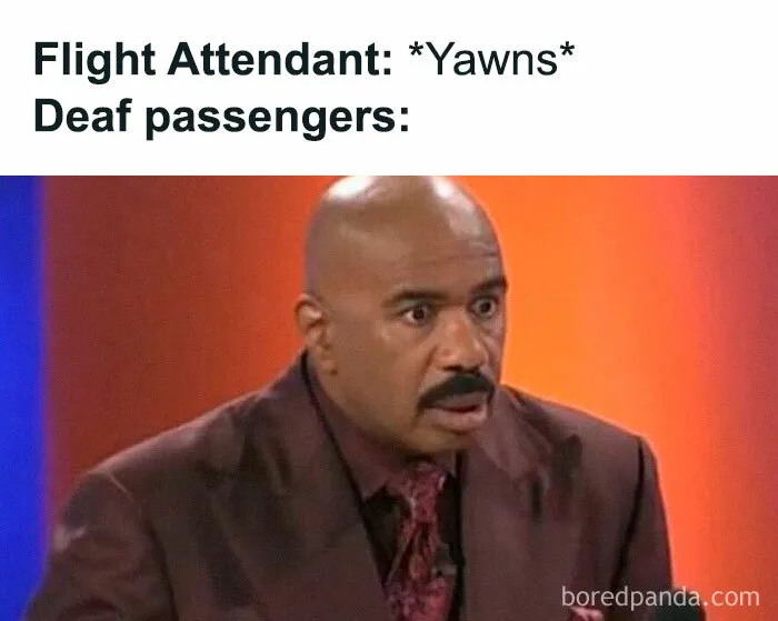 Man in brown suit with shocked expression reacting to flight attendant yawning, relatable meme humor about everyday moments.