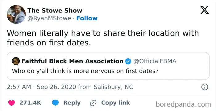 Tweet highlighting feminist posts calling out patriarchal dating norms with sharp, unapologetic commentary.