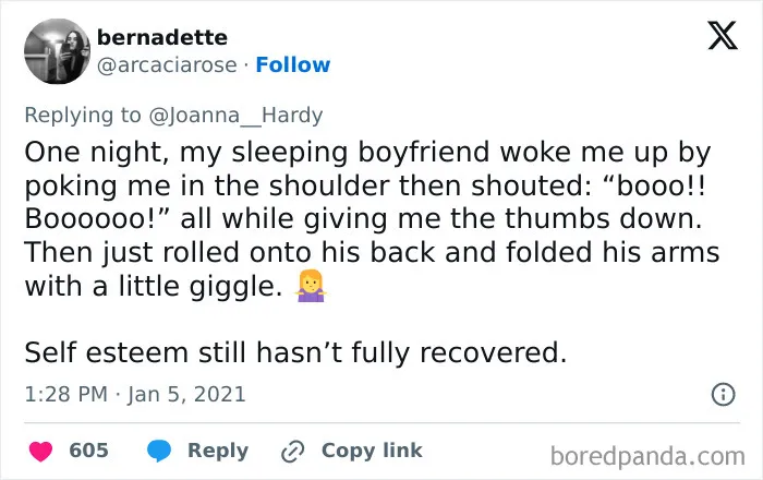 Tweet describing a funny thing said by a sleeping boyfriend, showcasing humorous sleep talking moments shared by people.