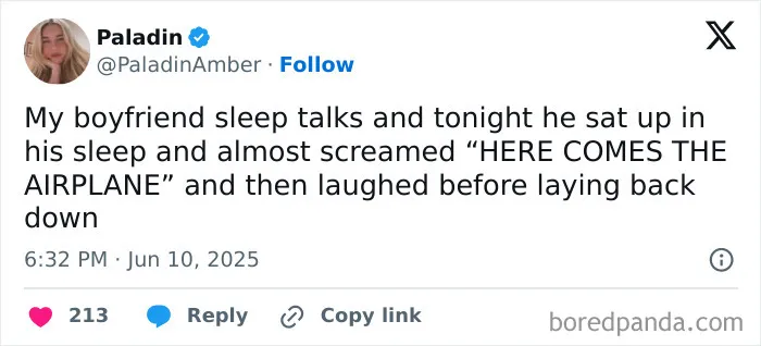 Screenshot of a tweet showing a funny example of sleep talking with someone shouting about an airplane and laughing.