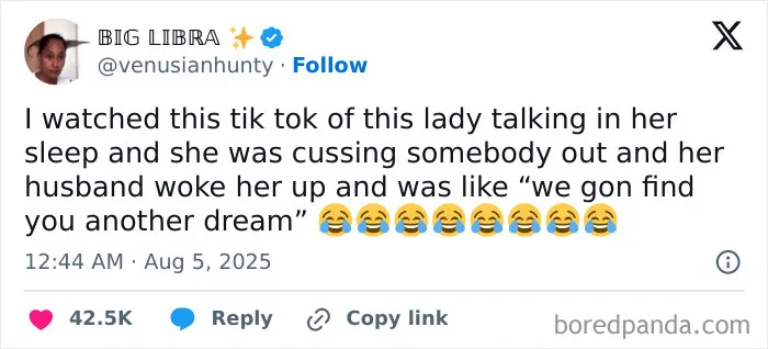 Screenshot of a tweet sharing a funny example of someone talking in their sleep with humorous sleep talk quotes.