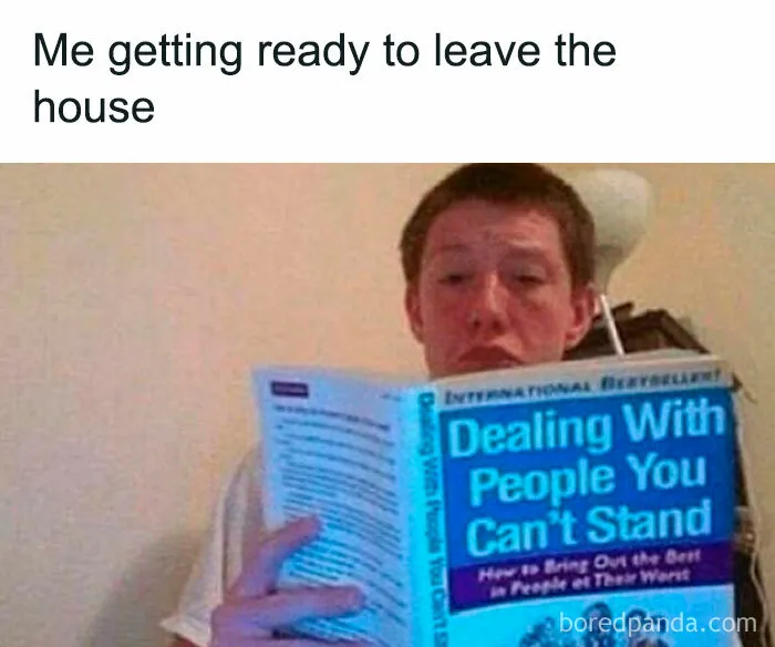 Person reading a humorous book about dealing with people, illustrating relatable memes that hit way too close to home.