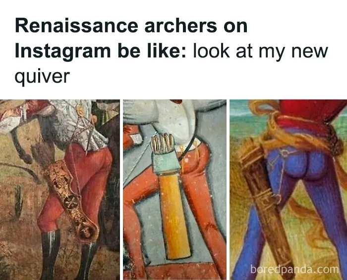 Humorous Renaissance art meme showing archers with unique quivers in a funny moment energy meme collection.