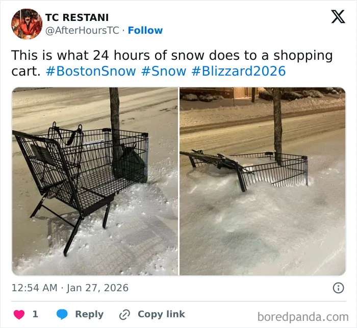 Shopping cart progressively buried in snow during a heavy snowstorm hitting the U.S. with blizzard conditions.