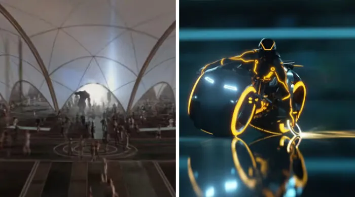 Would You Rather scene: crowded domed sci-fi hall on left, neon-lit futuristic motorcycle rider on reflective floor on right