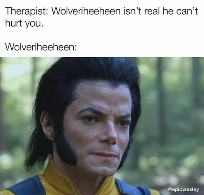 Man dressed as Wolverine looking serious in a relatable meme about fears that hit way too close to home.
