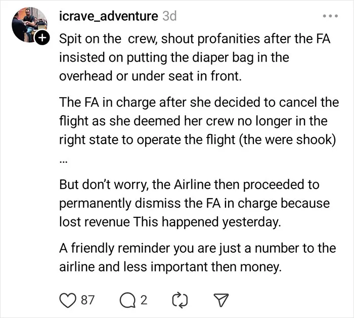 Instagram post sharing an unhinged passenger story highlighting flight attendants’ experiences on disturbing passenger behavior.
