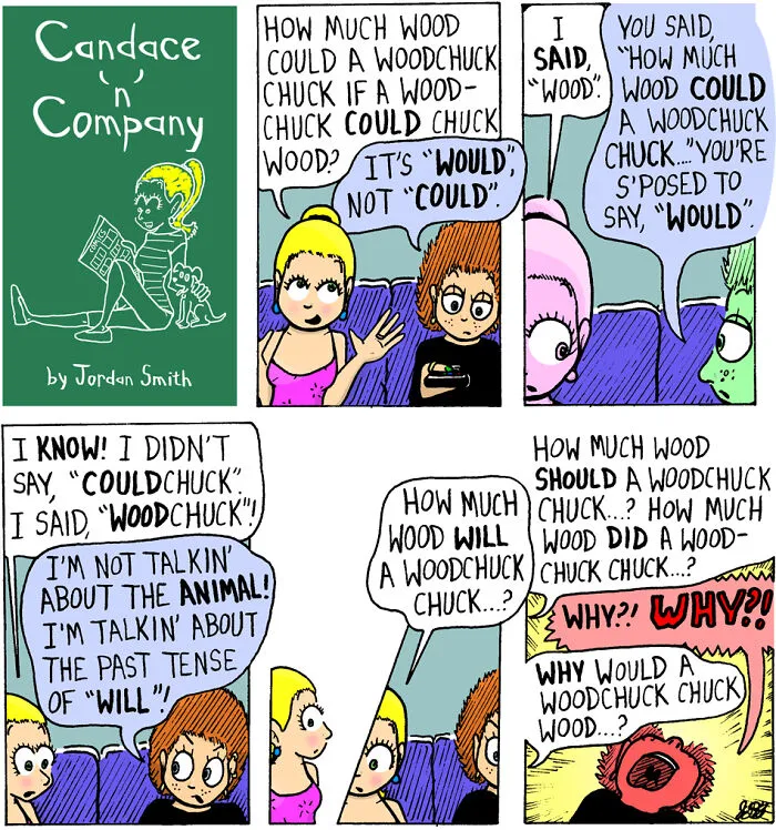 Pastel-colored comics depicting everyday awkwardness with warm, relatable chaos and humorous dialogue about woodchucks.