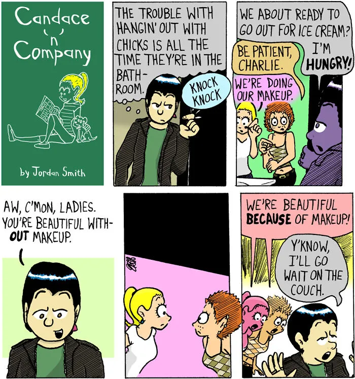 Pastel-colored comics depicting everyday awkwardness and warm, relatable chaotic moments with friends and makeup.