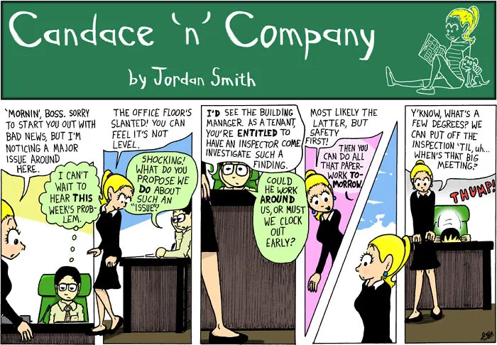 Pastel-colored comic strip depicting everyday awkwardness and warm, relatable chaos in a workplace setting.