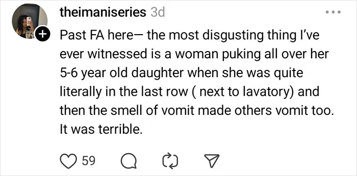 Screenshot of social media post from a past flight attendant describing one of the most unhinged things a passenger did involving puking on a child.