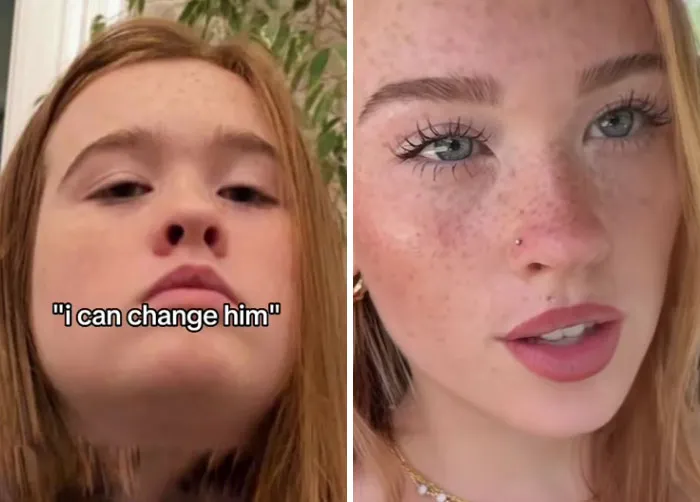 Side-by-side images of a young woman before and after a breakup showing personal change and growth for better or worse.