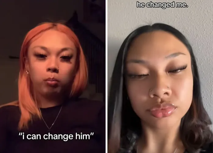 Two women reflecting on personal change after breakup, expressing emotions related to how they changed for better or worse.