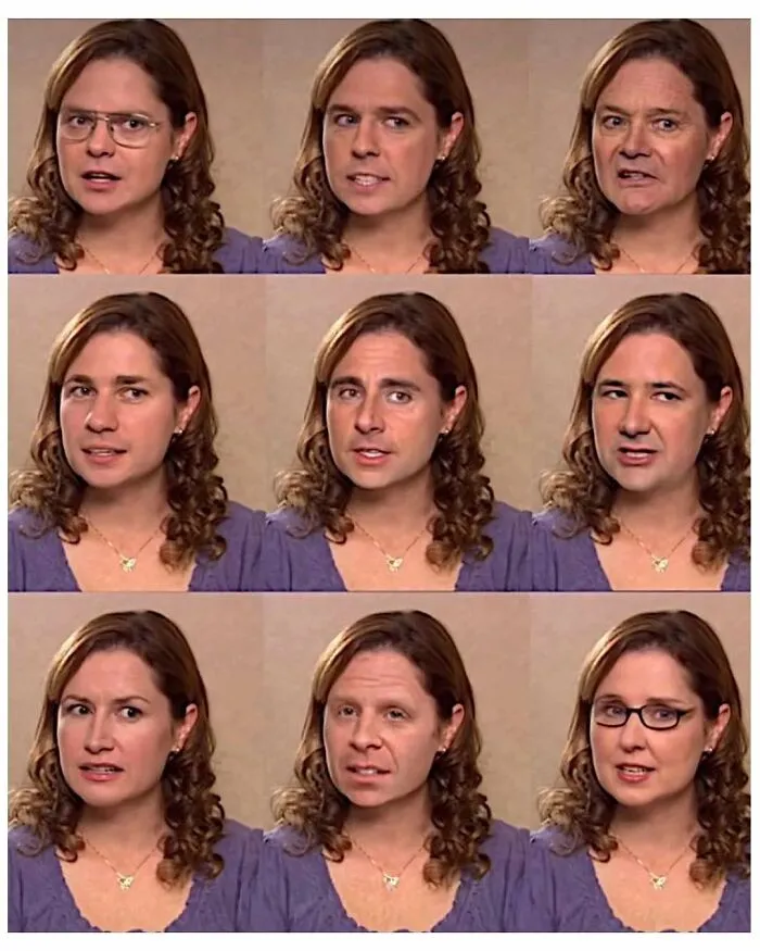 Woman with curly hair and purple top with various male and female faces merged, a meme inspired by The Office TV series.